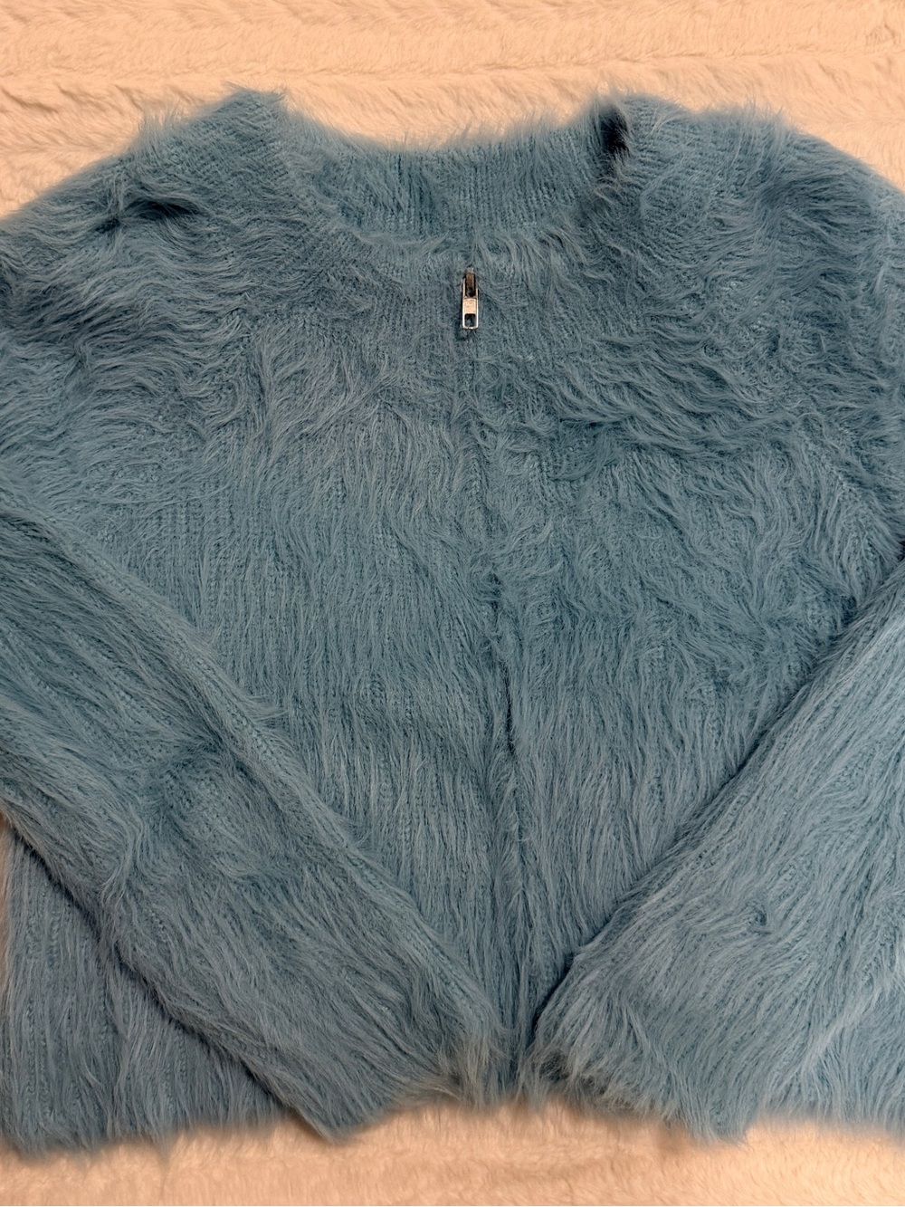 Cropped Fuzzy Zip-Up Sweater Jacket in Blue Green